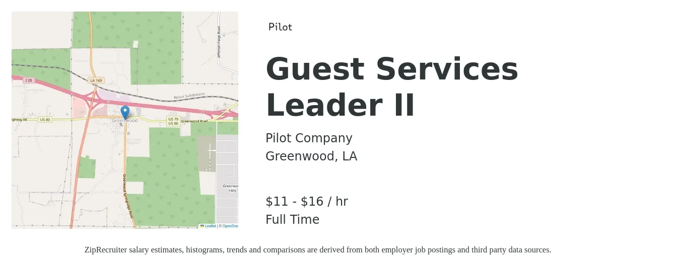 Pilot Company job posting for a Guest Services Leader II in Greenwood, LA with a salary of $12 to $17 Hourly with a map of Greenwood location.