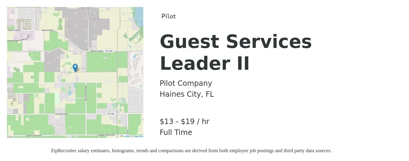 Pilot Company job posting for a Guest Services Leader II in Haines City, FL with a salary of $14 to $20 Hourly with a map of Haines City location.