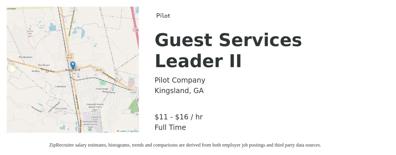 Pilot Company job posting for a Guest Services Leader II in Kingsland, GA with a salary of $12 to $17 Hourly with a map of Kingsland location.