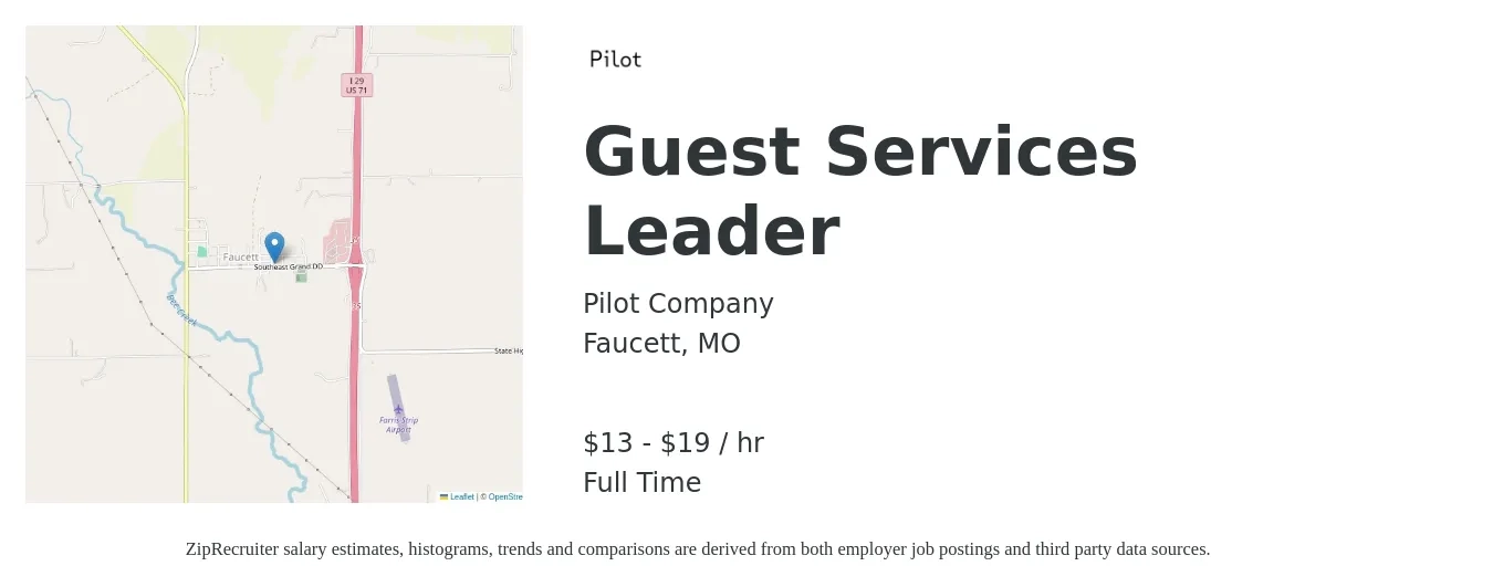Pilot Company job posting for a Guest Services Leader in Faucett, MO with a salary of $14 to $20 Hourly with a map of Faucett location.