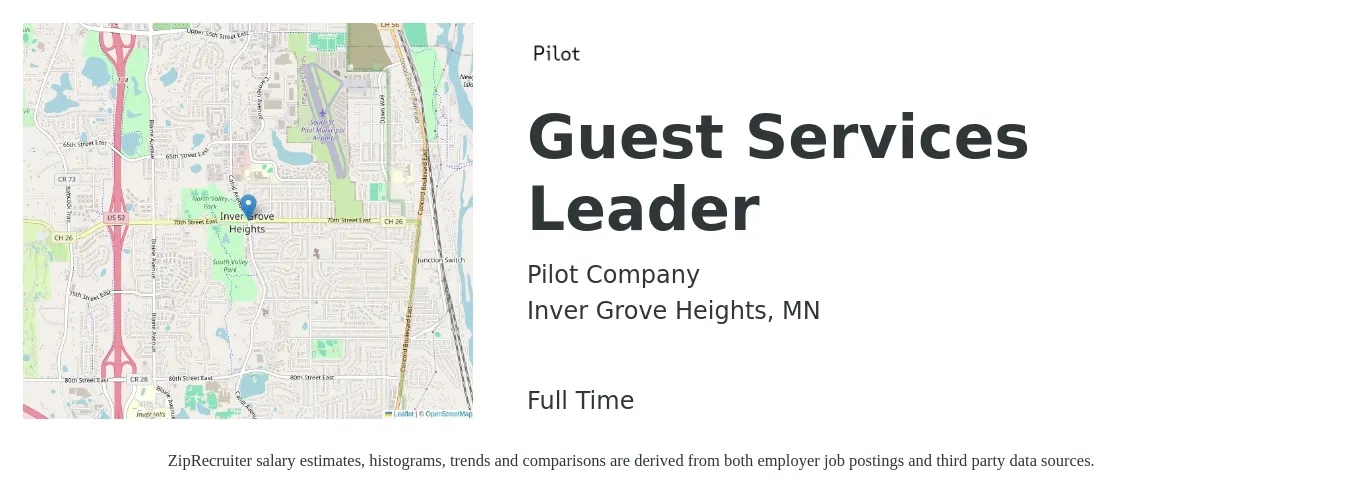 Pilot Company job posting for a Guest Services Leader in Inver Grove Heights, MN with a salary of $15 to $22 Hourly with a map of Inver Grove Heights location.