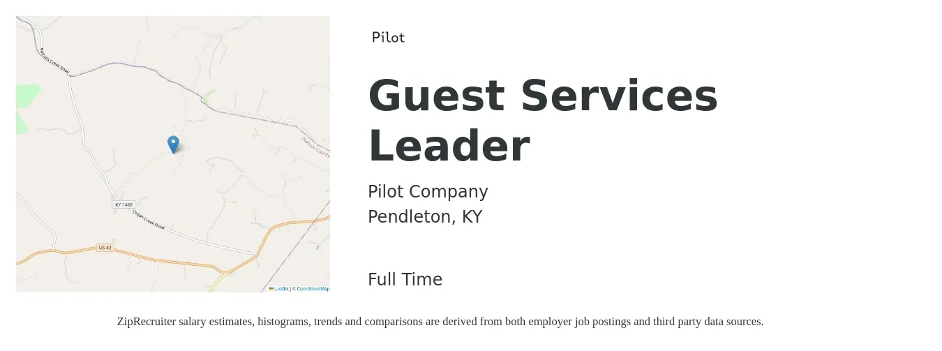 Pilot Company job posting for a Guest Services Leader in Pendleton, KY with a salary of $13 to $19 Hourly with a map of Pendleton location.