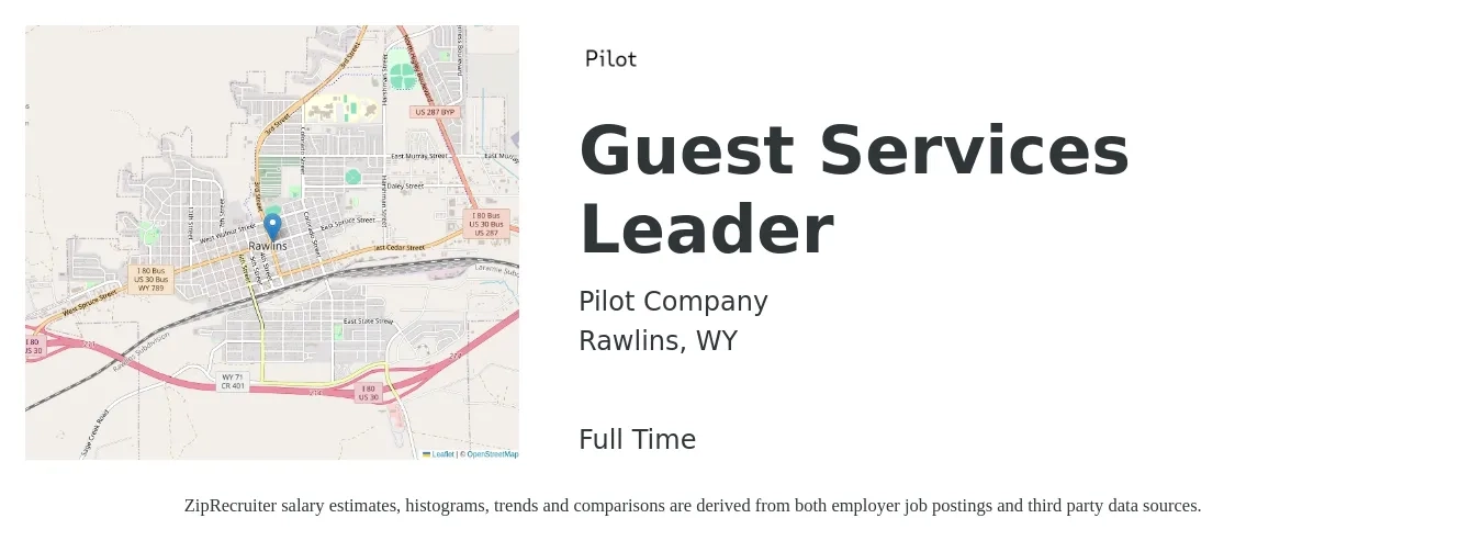 Pilot Company job posting for a Guest Services Leader in Rawlins, WY with a salary of $14 to $20 Hourly with a map of Rawlins location.