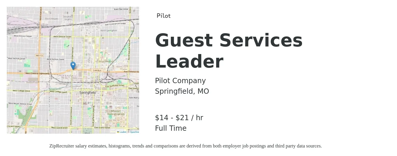 Pilot Company job posting for a Guest Services Leader in Springfield, MO with a salary of $15 to $22 Hourly with a map of Springfield location.
