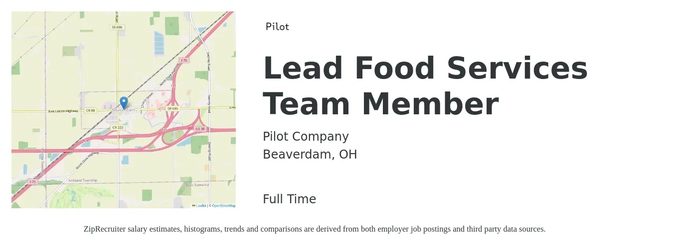 Pilot Company job posting for a Lead Food Services Team Member in Beaverdam, OH with a salary of $12 to $18 Hourly with a map of Beaverdam location.