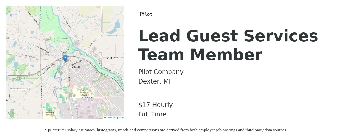 Pilot Company job posting for a Lead Guest Services Team Member in Dexter, MI with a salary of $18 Hourly with a map of Dexter location.