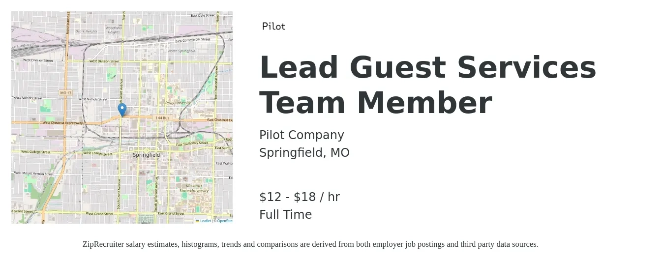 Pilot Company job posting for a Lead Guest Services Team Member in Springfield, MO with a salary of $13 to $19 Hourly with a map of Springfield location.