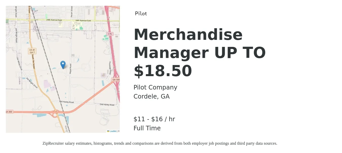Pilot Company job posting for a Merchandise Manager UP TO $18.50 in Cordele, GA with a salary of $12 to $17 Hourly with a map of Cordele location.