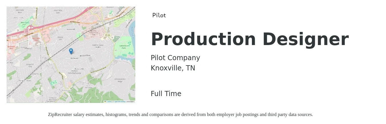 Pilot Company job posting for a Production Designer in Knoxville, TN with a salary of $18 to $42 Hourly with a map of Knoxville location.