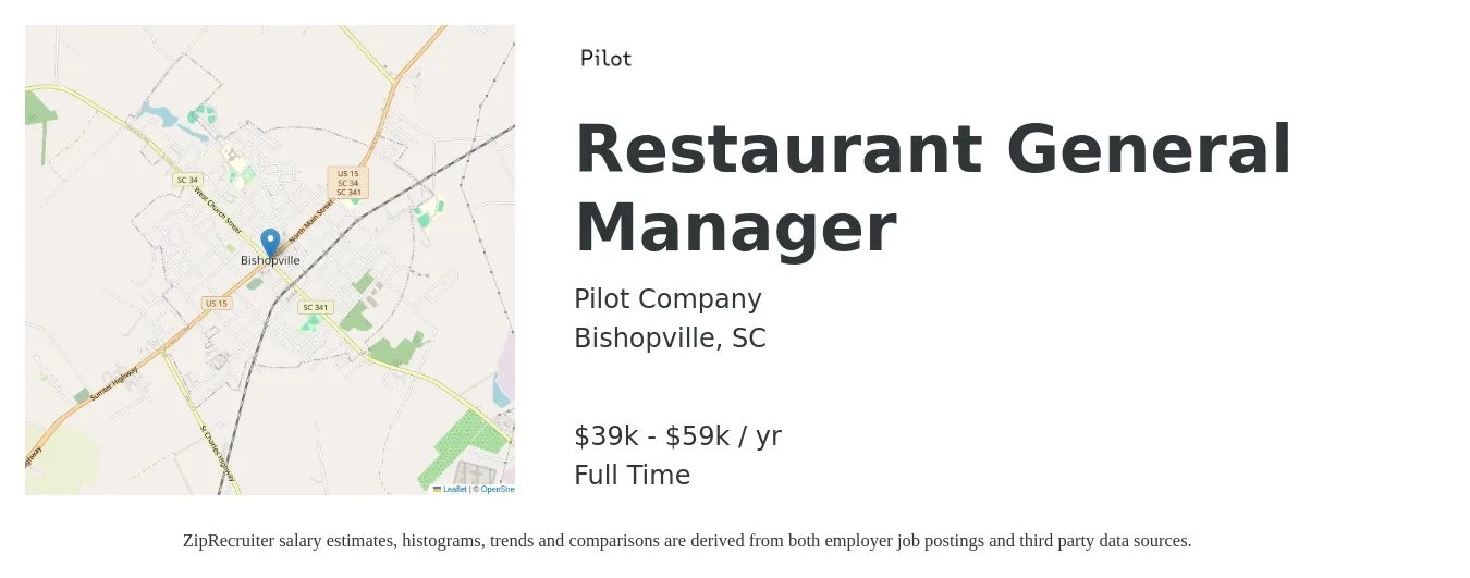 Pilot Company job posting for a Restaurant General Manager in Bishopville, SC with a salary of $39,700 to $59,050 Yearly with a map of Bishopville location.