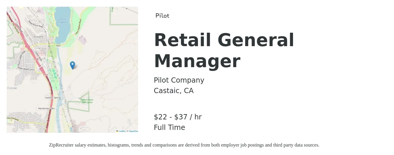 Pilot Company job posting for a Retail General Manager in Castaic, CA with a salary of $24 to $39 Hourly with a map of Castaic location.