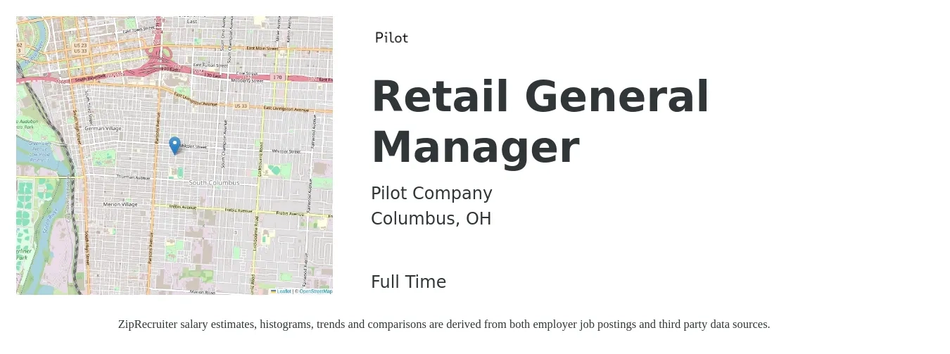 Pilot Company job posting for a Retail General Manager in Columbus, OH with a salary of $48,900 to $72,750 Yearly with a map of Columbus location.