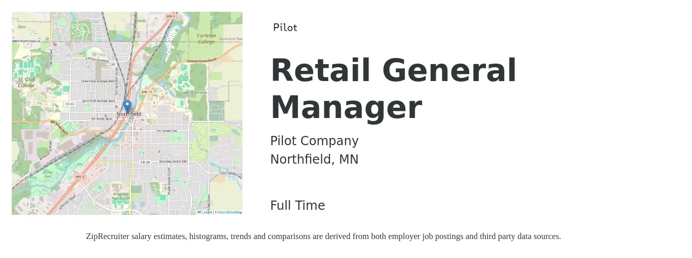 Pilot Company job posting for a Retail General Manager in Northfield, MN with a salary of $48,900 to $72,750 Yearly with a map of Northfield location.