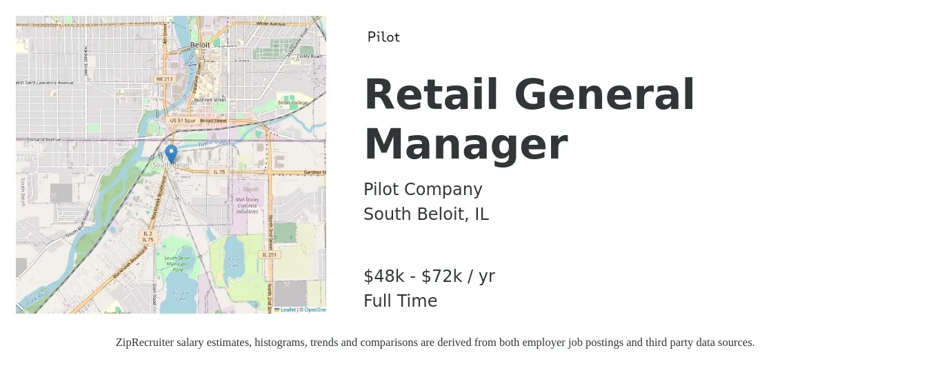 Pilot Company job posting for a Retail General Manager in South Beloit, IL with a salary of $48,900 to $72,750 Yearly with a map of South Beloit location.