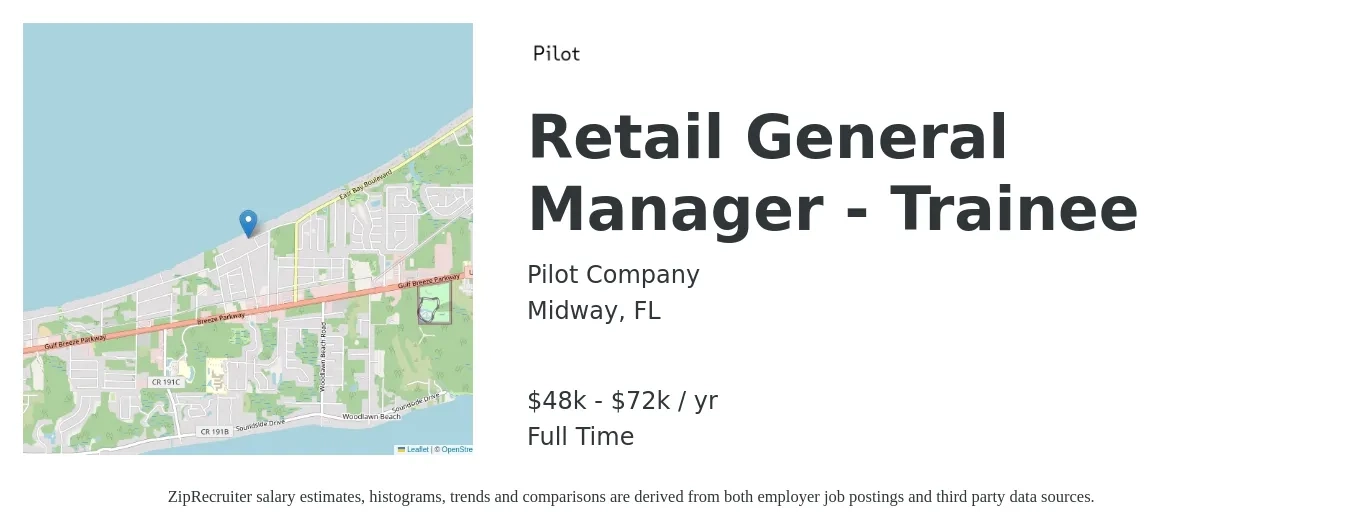 Pilot Company job posting for a Retail General Manager - Trainee in Midway, FL with a salary of $48,900 to $72,750 Yearly with a map of Midway location.