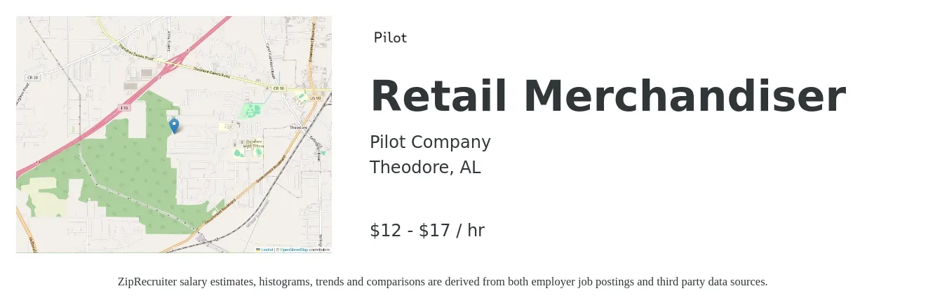 Pilot Company job posting for a Retail Merchandiser in Theodore, AL with a salary of $13 to $18 Hourly with a map of Theodore location.