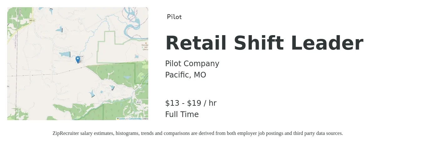Pilot Company job posting for a Retail Shift Leader in Pacific, MO with a salary of $14 to $20 Hourly with a map of Pacific location.