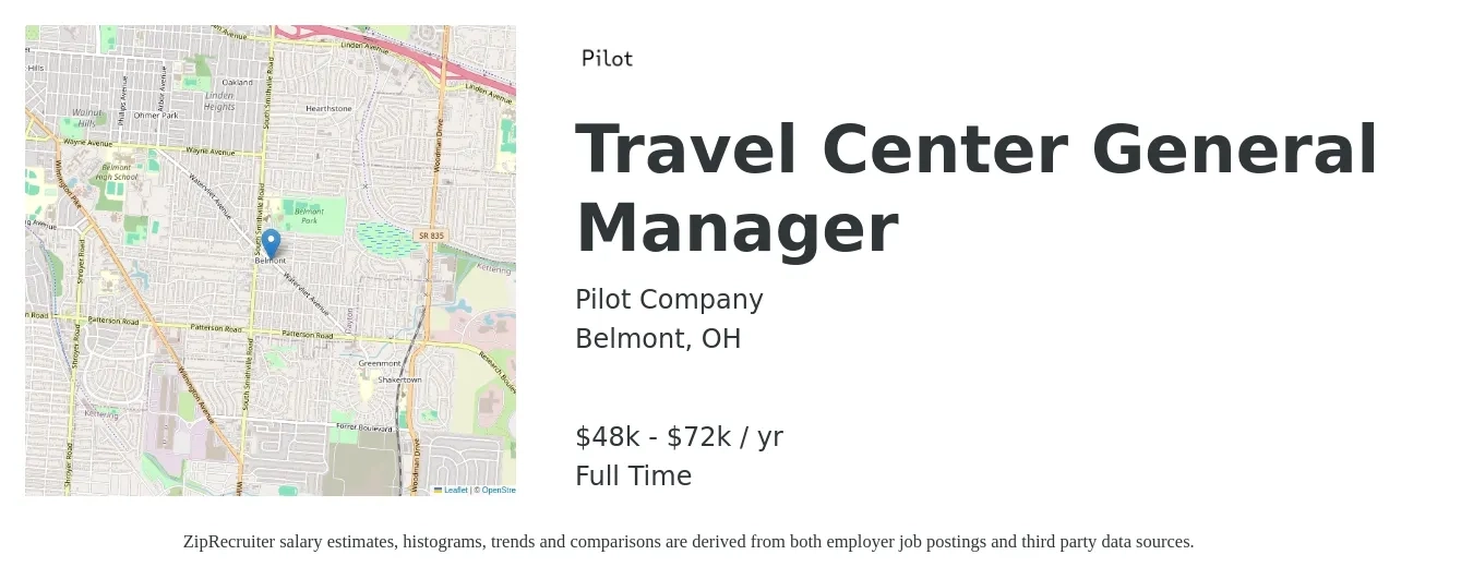 Pilot Company job posting for a Travel Center General Manager in Belmont, OH with a salary of $48,900 to $72,750 Yearly with a map of Belmont location.