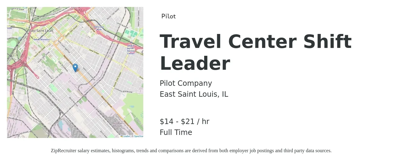 Pilot Company job posting for a Travel Center Shift Leader in East Saint Louis, IL with a salary of $15 to $22 Hourly with a map of East Saint Louis location.