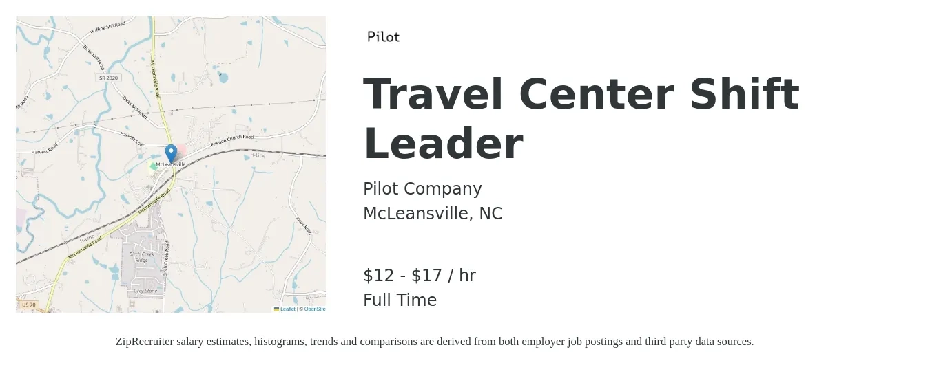 Pilot Company job posting for a Travel Center Shift Leader in McLeansville, NC with a salary of $13 to $18 Hourly with a map of McLeansville location.