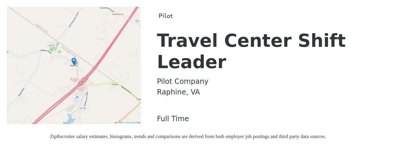 Pilot Company job posting for a Travel Center Shift Leader in Raphine, VA with a salary of $14 to $20 Hourly with a map of Raphine location.