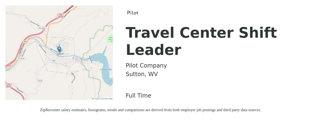 Pilot Company job posting for a Travel Center Shift Leader in Sutton, WV with a salary of $12 to $17 Hourly with a map of Sutton location.
