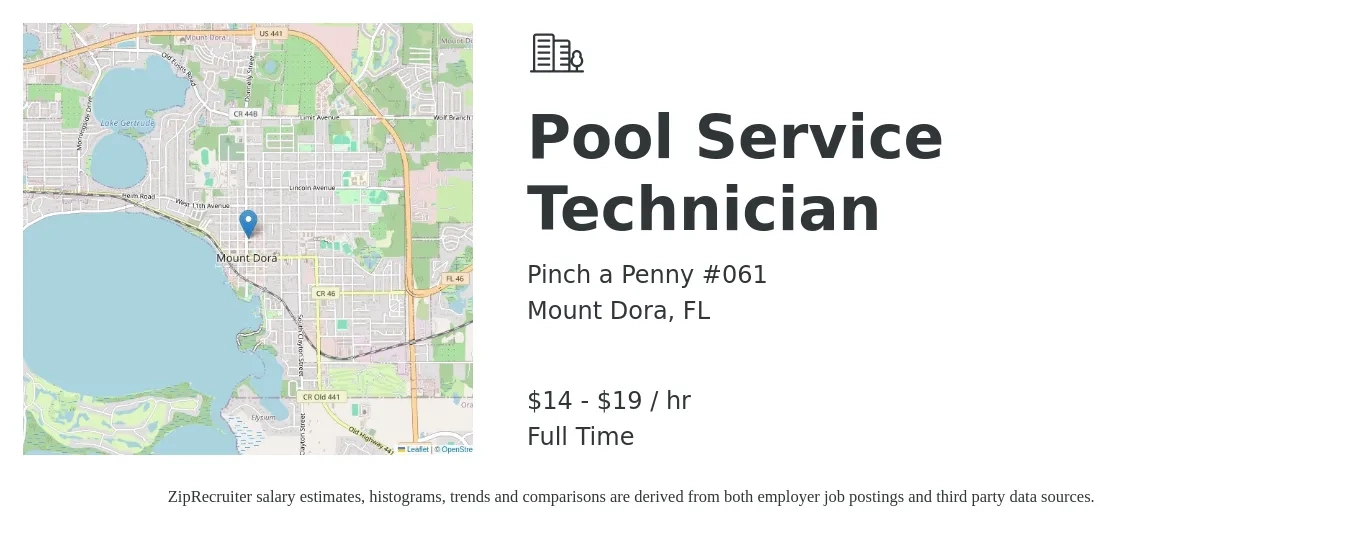 Pinch a Penny #061 job posting for a Pool Service Technician in Mount Dora, FL with a salary of $15 to $20 Hourly with a map of Mount Dora location.