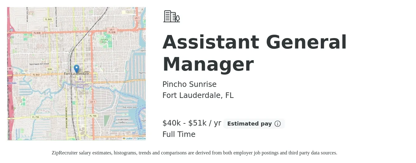 Pincho Sunrise job posting for a Assistant General Manager in Fort Lauderdale, FL with a salary of $40,000 to $51,000 Yearly with a map of Fort Lauderdale location.