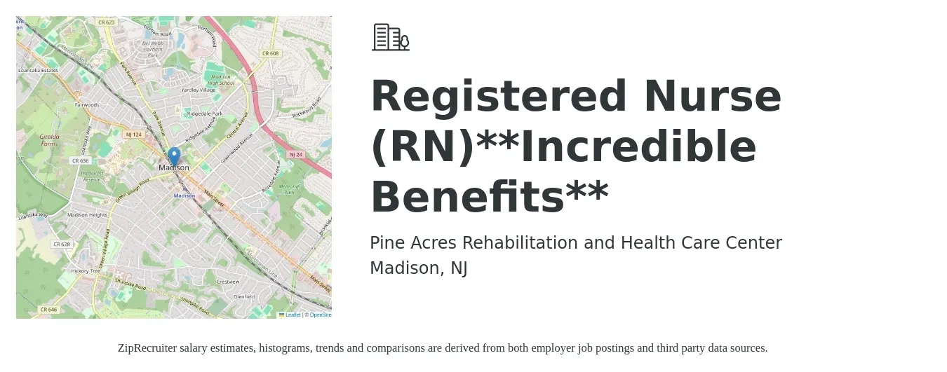 Pine Acres Rehabilitation and Health Care Center job posting for a Registered Nurse (RN)**Incredible Benefits** in Madison, NJ with a salary of $34 to $54 Hourly with a map of Madison location.