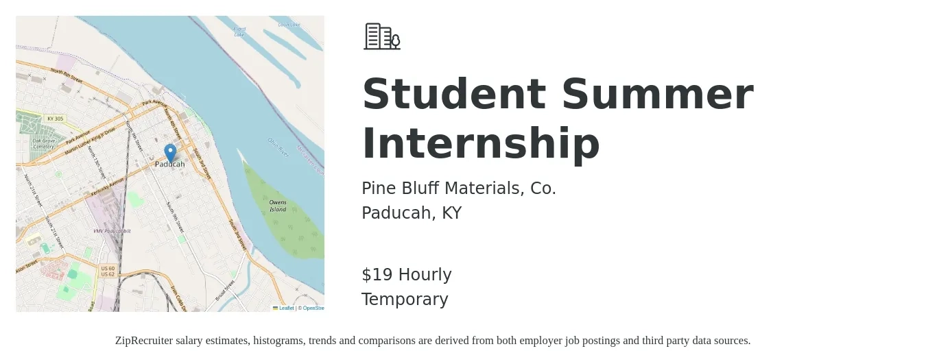 Pine Bluff Materials, Co. job posting for a Student Summer Internship in Paducah, KY with a salary of $20 Hourly with a map of Paducah location.