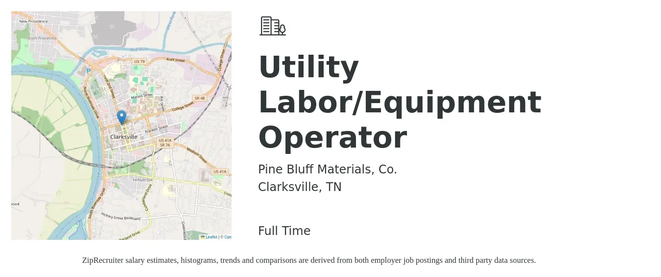 Pine Bluff Materials, Co. job posting for a Utility Labor/Equipment Operator in Clarksville, TN with a salary of $21 to $23 Hourly with a map of Clarksville location.