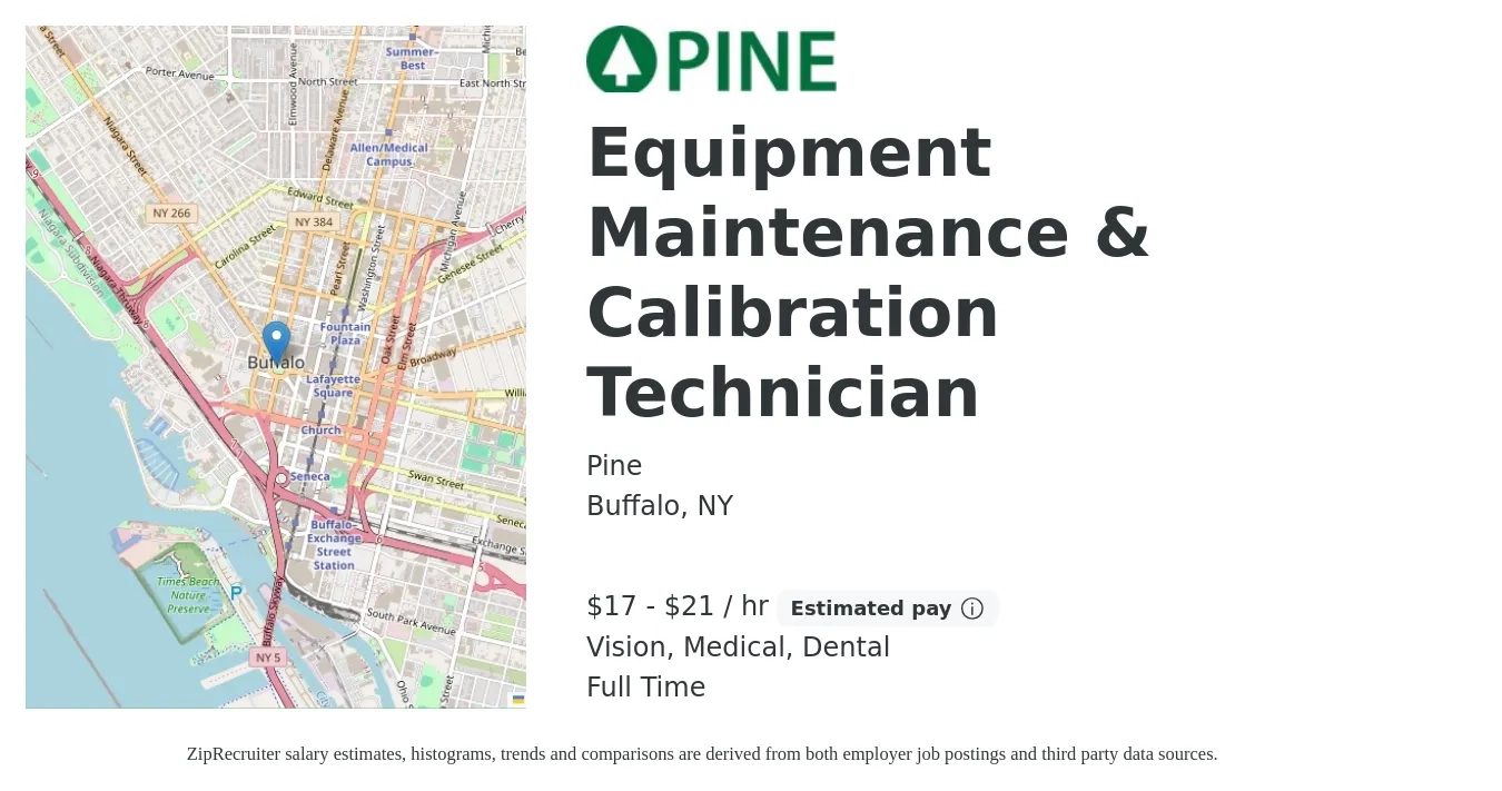 Pine job posting for a Equipment Maintenance & Calibration Technician in Buffalo, NY with a salary of $18 to $22 Hourly and benefits including vision, dental, life_insurance, medical, pto, and retirement with a map of Buffalo location.