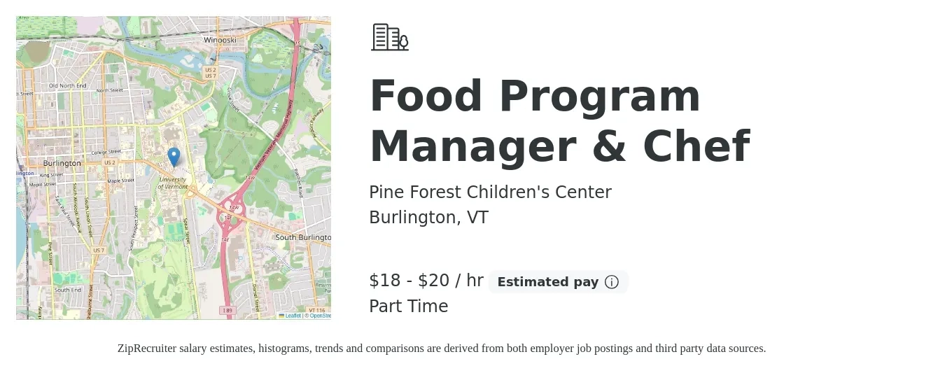 Pine Forest Children's Center job posting for a Food Program Manager & Chef in Burlington, VT with a salary of $17 to $25 Hourly with a map of Burlington location.