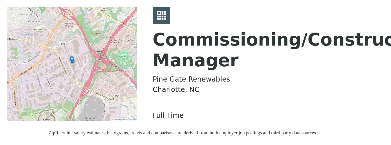 Pine Gate Renewables job posting for a Commissioning/Construction Manager in Charlotte, NC with a salary of $98,200 to $172,400 Yearly with a map of Charlotte location.