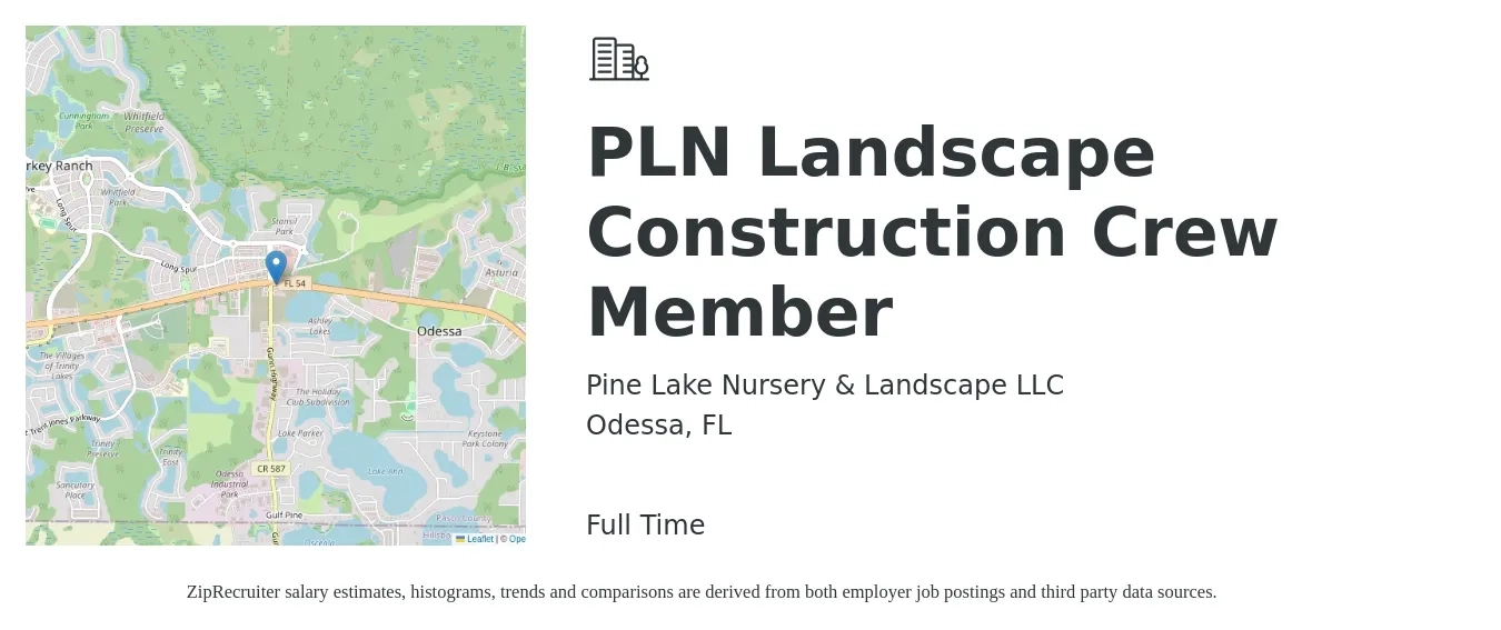 Pine Lake Nursery & Landscape LLC job posting for a PLN Landscape Construction Crew Member in Odessa, FL with a salary of $14 to $17 Hourly with a map of Odessa location.