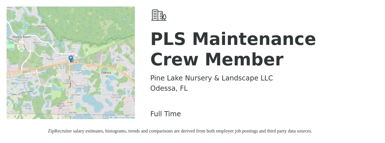 Pine Lake Nursery & Landscape LLC job posting for a PLS Maintenance Crew Member in Odessa, FL with a salary of $14 to $17 Hourly with a map of Odessa location.