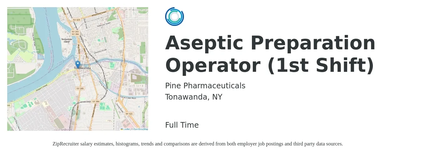 Pine Pharmaceuticals job posting for a Aseptic Preparation Operator (1st Shift) in Tonawanda, NY with a salary of $17 to $20 Hourly with a map of Tonawanda location.
