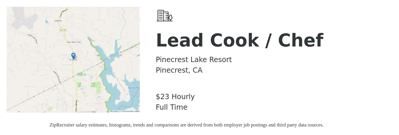 Pinecrest Lake Resort job posting for a Lead Cook / Chef in Pinecrest, CA with a salary of $24 Hourly with a map of Pinecrest location.