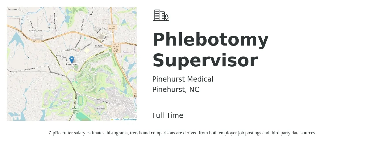 Pinehurst Medical job posting for a Phlebotomy Supervisor in Pinehurst, NC with a salary of $20 to $28 Hourly with a map of Pinehurst location.