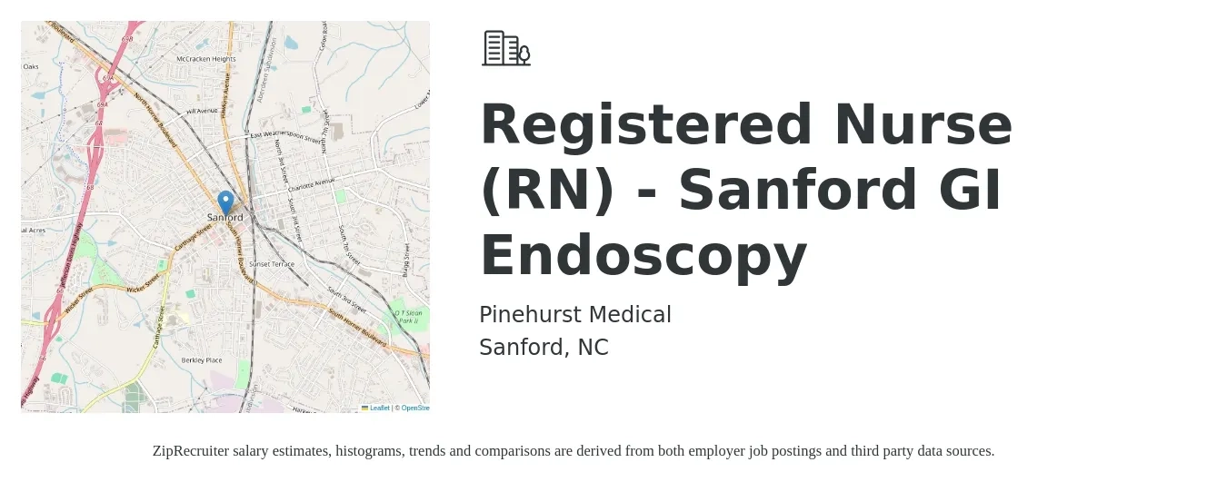 Pinehurst Medical job posting for a Registered Nurse (RN) - Sanford GI Endoscopy in Sanford, NC with a salary of $31 to $48 Hourly with a map of Sanford location.
