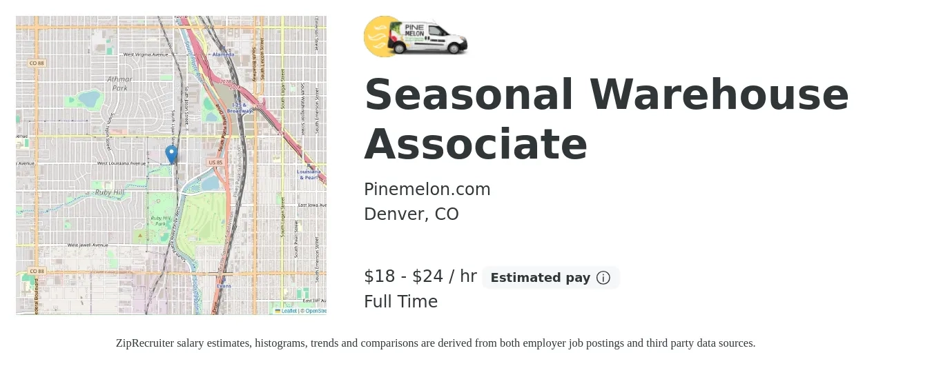 Pinemelon.com job posting for a Seasonal Warehouse Associate in Denver, CO with a salary of $19 to $25 Hourly with a map of Denver location.
