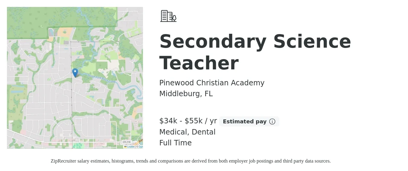 Pinewood Christian Academy job posting for a Secondary Science Teacher in Middleburg, FL with a salary of $34,000 to $55,000 Yearly and benefits including medical, pto, dental, and life_insurance with a map of Middleburg location.