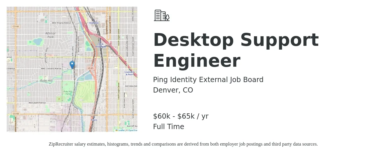 Ping Identity External Job Board job posting for a Desktop Support Engineer in Denver, CO with a salary of $60,000 to $65,000 Yearly with a map of Denver location.