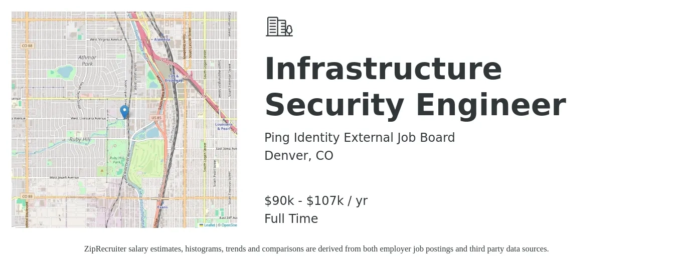 Ping Identity External Job Board job posting for a Infrastructure Security Engineer in Denver, CO with a salary of $90,000 to $107,000 Yearly with a map of Denver location.