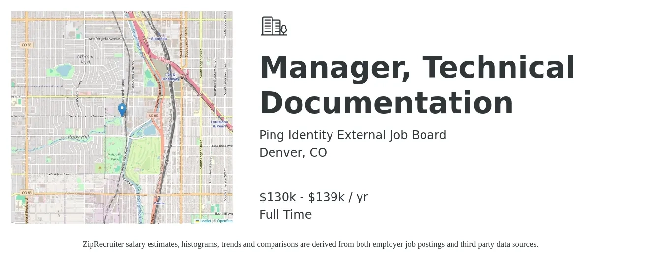 Ping Identity External Job Board job posting for a Manager, Technical Documentation in Denver, CO with a salary of $130,000 to $139,500 Yearly with a map of Denver location.