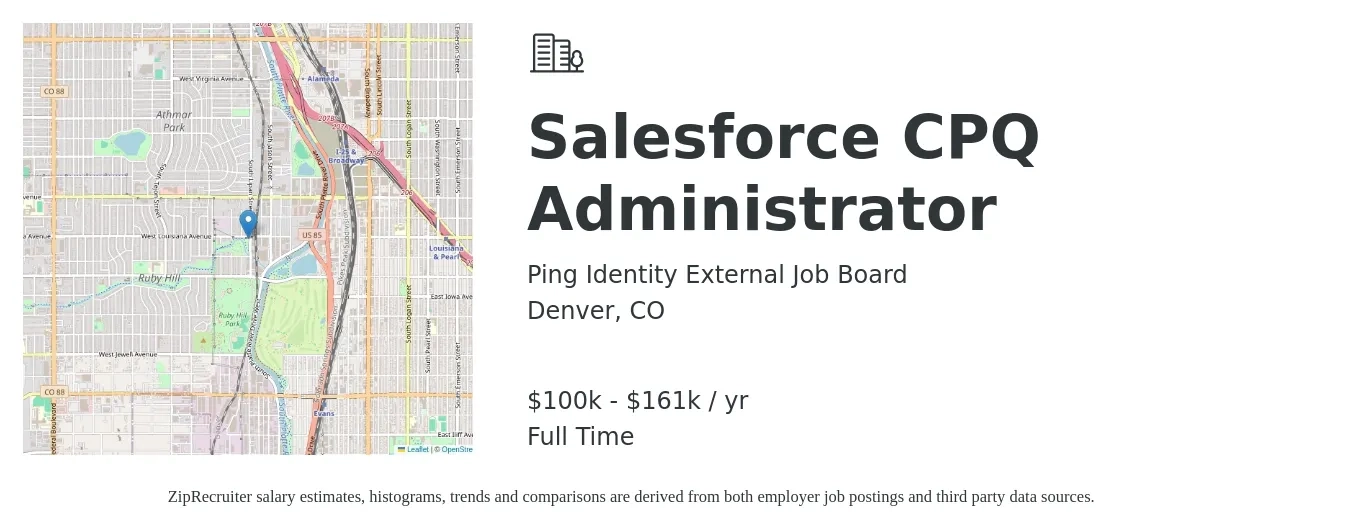 Ping Identity External Job Board job posting for a Salesforce CPQ Administrator in Denver, CO with a salary of $100,000 to $161,000 Yearly with a map of Denver location.
