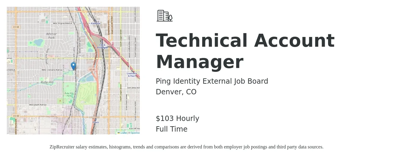 Ping Identity External Job Board job posting for a Technical Account Manager in Denver, CO with a salary of $108 Hourly with a map of Denver location.