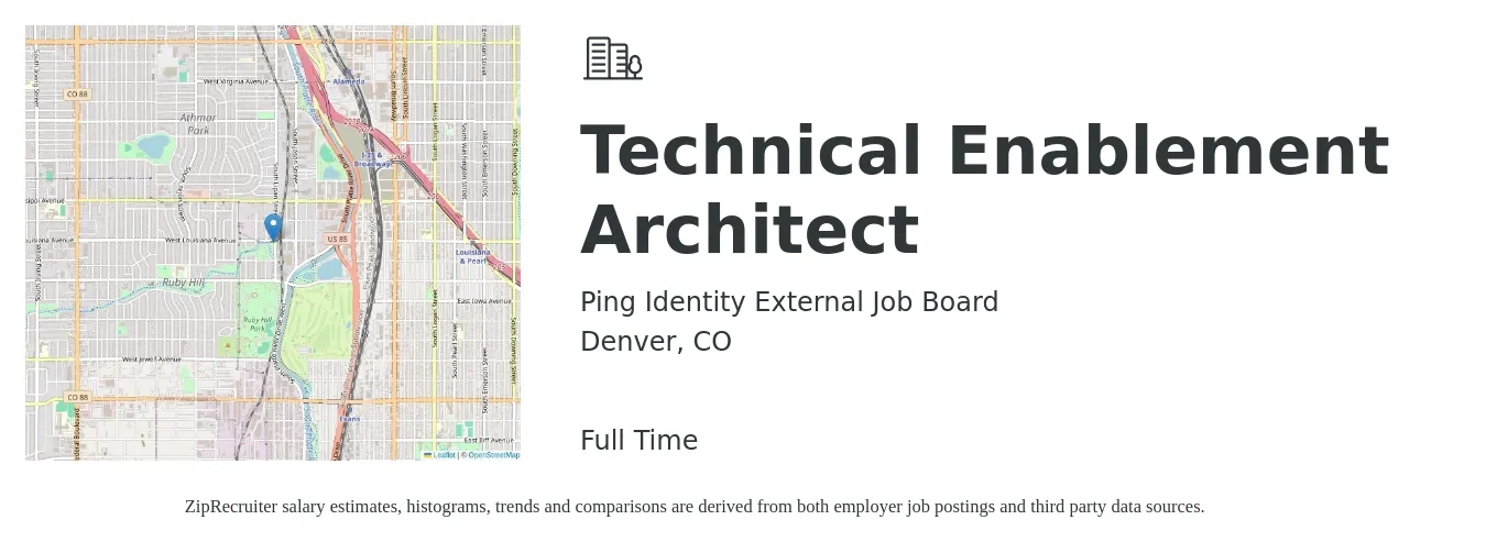 Ping Identity External Job Board job posting for a Technical Enablement Architect in Denver, CO with a salary of $68 to $82 Hourly with a map of Denver location.