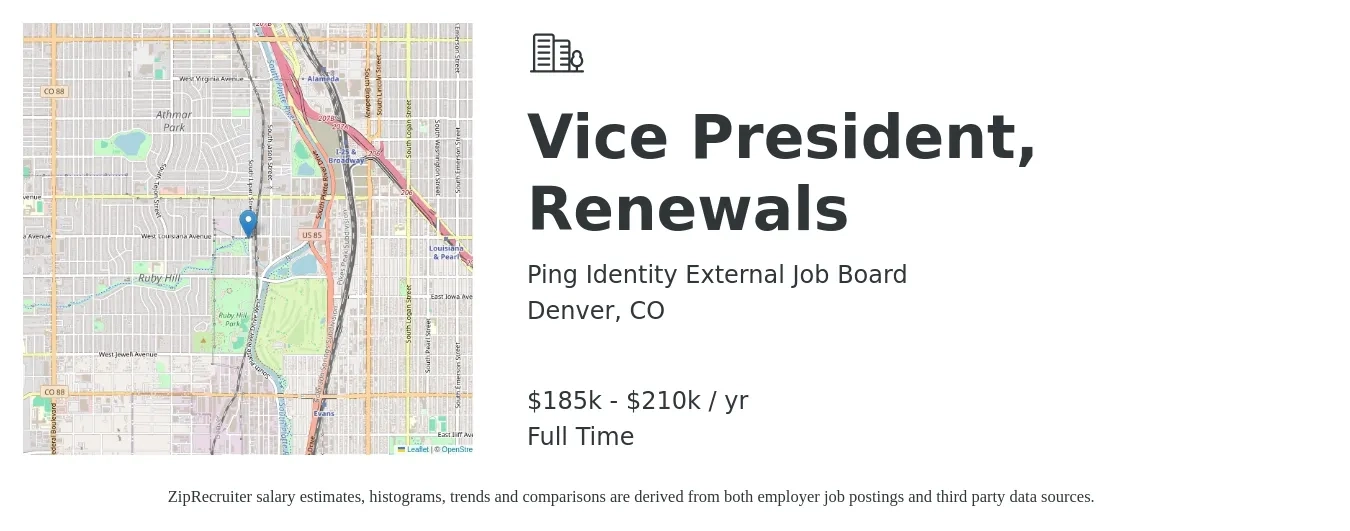 Ping Identity External Job Board job posting for a Vice President, Renewals in Denver, CO with a salary of $185,500 to $210,000 Yearly with a map of Denver location.
