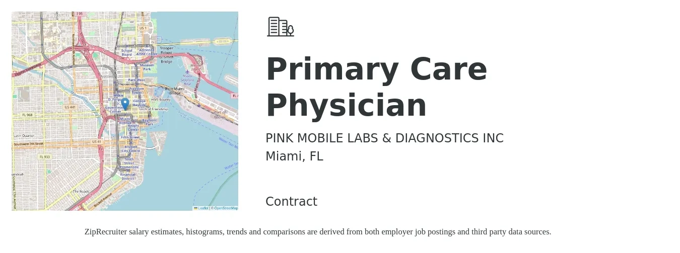 PINK MOBILE LABS & DIAGNOSTICS INC job posting for a Primary Care Physician in Miami, FL with a salary of $181,700 to $233,800 Yearly with a map of Miami location.